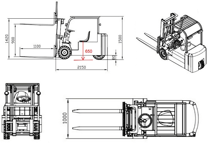 Size of electric ultra-low three-wheel forklift