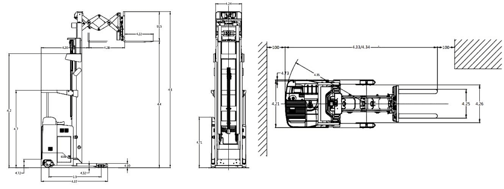Size of stand on double-deep scissor-type reach truck