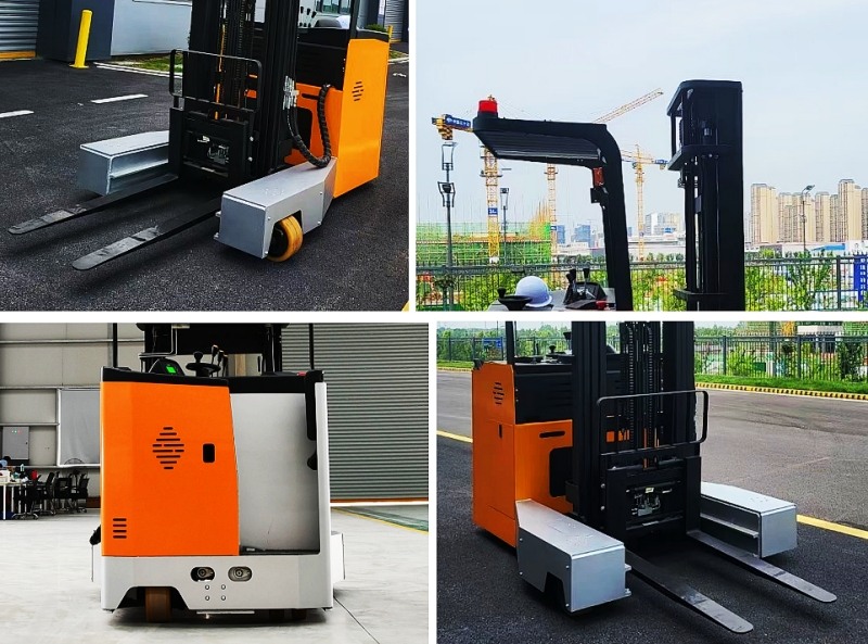 Details of narrow-body electric stand-on multi-directional forklift