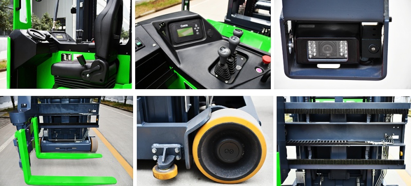 Details of seated electric very narrow aisle forklift