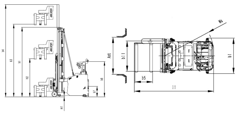Size of seated electric very narrow aisle forklift