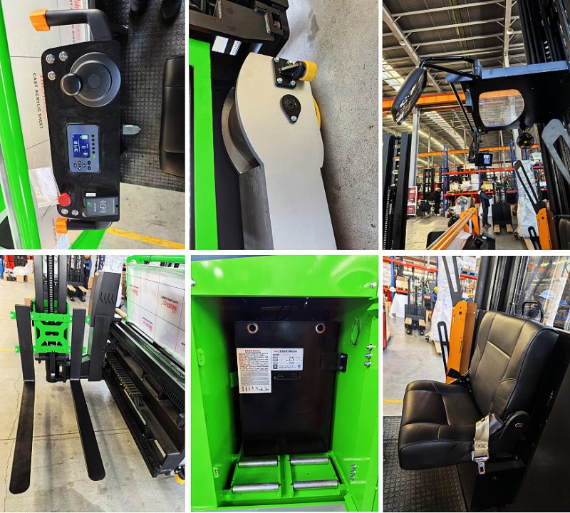 Details of man up very narrow aisle forklift 